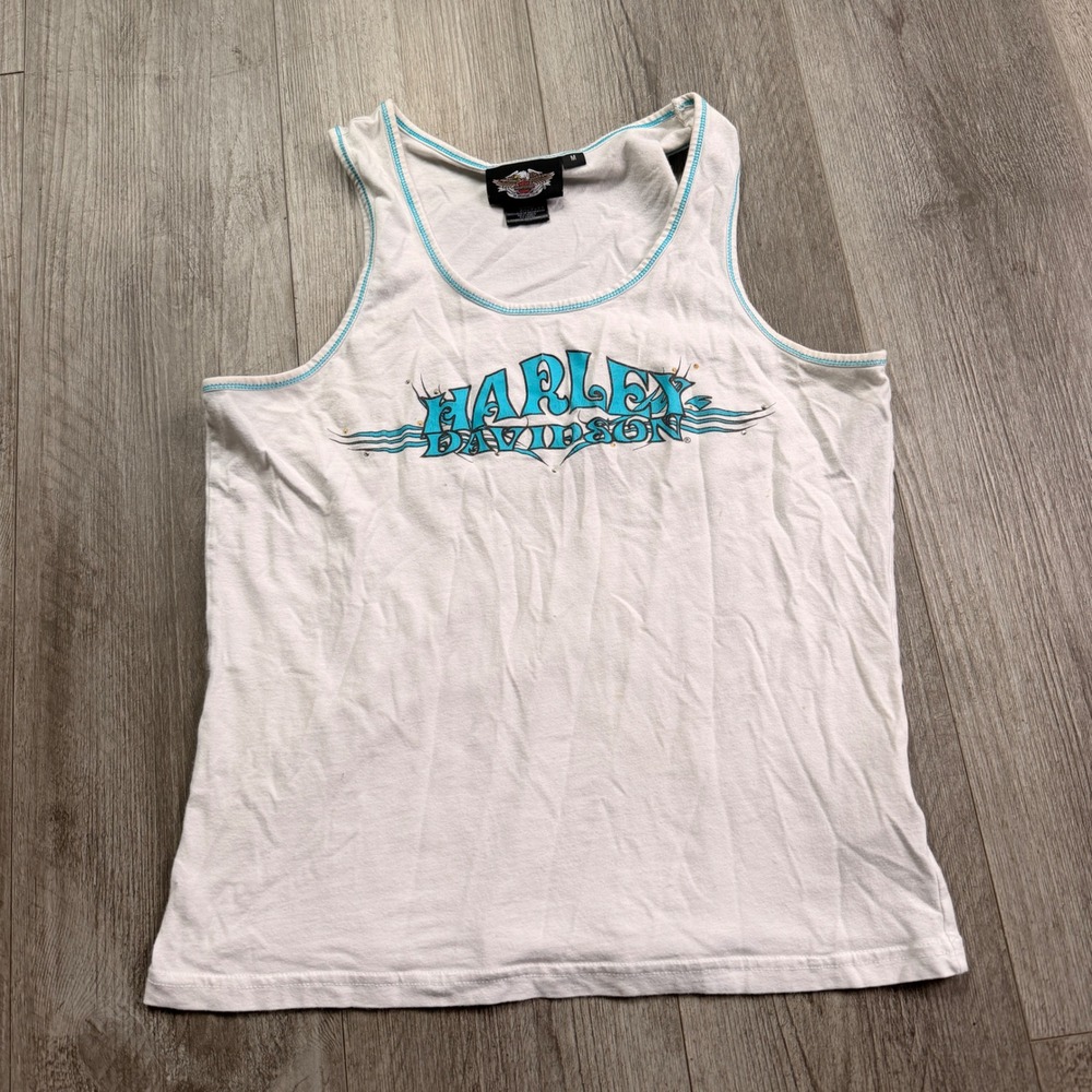 Vintage Y2K Harley-Davidson Women's Tank Top M White Rhinestone Graphic Blue